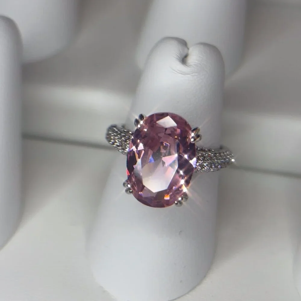 Pink Solitaire Gemstone Ring w/ Clear Accents Silver Plated Engagement size 7 - Picture 9 of 11